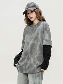 JUTU Spring/Autumn Loose Round Neck 2 In 1 Long Sleeve Tie-Dye Print Women's T-Shirt, For Outing And Commuting Casual - Ash and Black - View 2