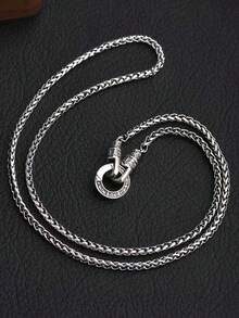 1pc Round Universal Buckle Six-Word Mantra Necklace, Vintage Tang Grass Pattern Versatile Dragon Bone Chain, Hypoallergenic Gift For Teenagers - Antique Silver - View 4