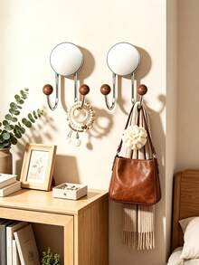 No Punch Suction Hooks, Rustproof Stainless Steel Bathroom Robe Hooks, Vintage Wooden Bead Dual Hanging Hooks, Strong Load Bearing Removable Wall Mount Hooks For Entryway Bedroom Washroom - Multicolor - View 8