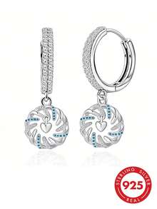BRLINEY Sterling Silver Round Drop Earrings With Heart Charm And Blue Cubic Zirconia, Minimalist Jewelry Gift For Women Gift - Silver - View 1