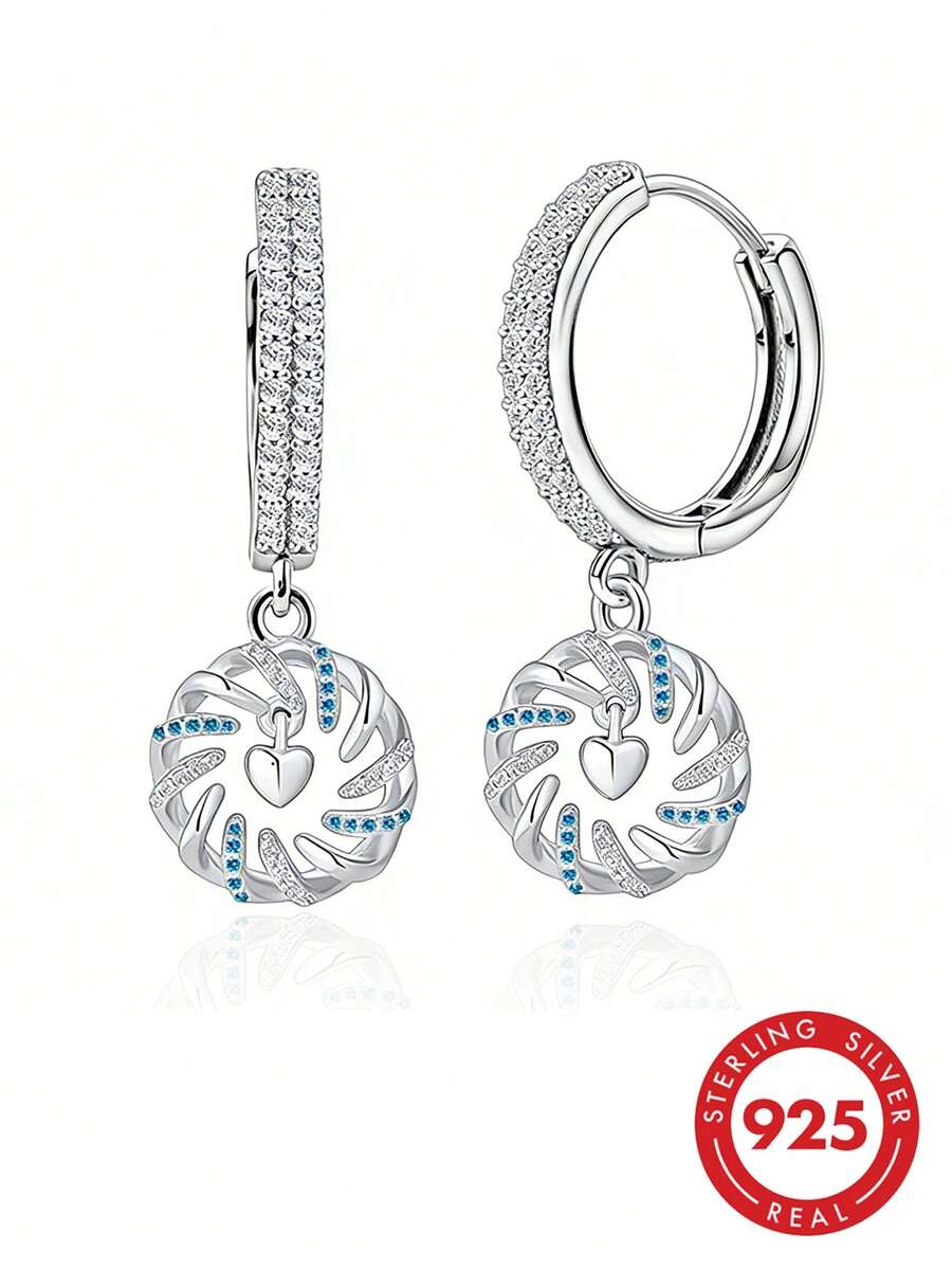 BRLINEY Sterling Silver Round Drop Earrings With Heart Charm And Blue Cubic Zirconia, Minimalist Jewelry Gift For Women Gift - Silver - View 1