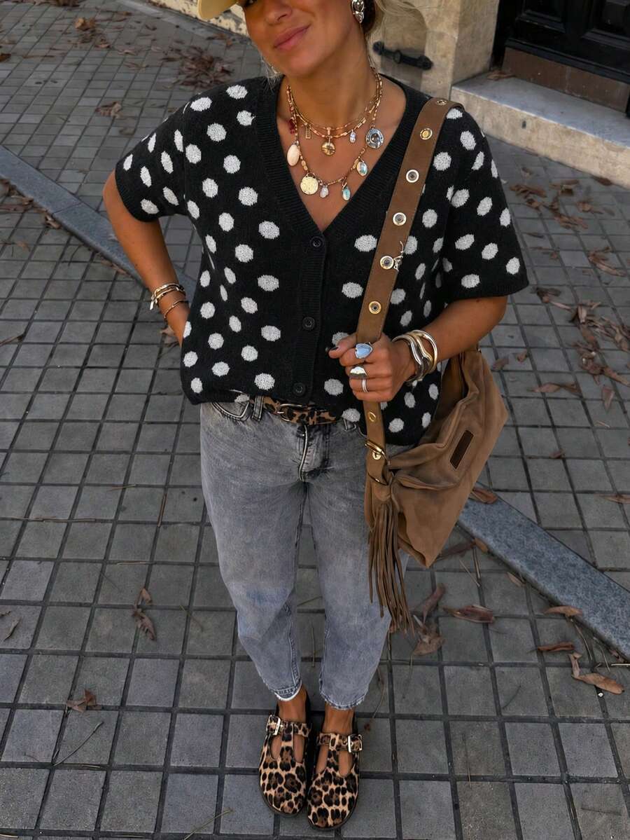 Women's Pullover Short Sleeves Buttoned Open V-Neck Polka Dot Pattern Casual Cardigan,Elegant,Formal,Work,Going Out,Festival,All-Season Vacation - Multicolor - View 1