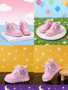 Autumn/Winter Girls' Thermal-Lined Warm Boots, Cartoon Pretty Girl Print Side-Slip-On Soft Sole Baby Ankle Boots - Pink - View 1
