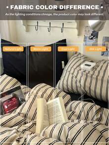 Minimalist Beige & Black Striped 4-Piece Bedding Set, Soft Wrinkled Texture Polyester, Neutral, Includes 1 Duvet Cover, 1 Bed Sheet, 2 Pillowcases, Duvet Insert And Pillow Inserts Not Included - Apricot - View 7