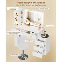 Devoko Vanity Table With LED Mirror, Dressing Table With 5 Drawers, 3 Illuminated Display Cabinets, Open Shelves, Bag Storage, Power Panel, And Selectable Chair Combination, White - 查看 5