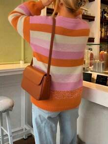 Women's Comfortable Striped Knit Pullover Sweater, Long Sleeve Loose Warm Pullover, Suitable For Winter Wear - Multicolor - View 5