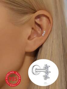 1pc S925 Sterling Silver 3-Diamond Straight Bar Piercing Stud Earrings, Fresh Luxury Minimalist Gentle Commute Date Travel Versatile Personalized Atmosphere Niche Ear Jewelry, Suitable For Women's Daily Party Wear, Cool Elegant Unique Accessory - Diamond - View 8