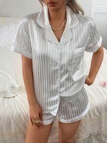 2pcs Women's Satin Striped Short Sleeve Collared Top And Bow Shorts Pajama Set - White - View 5