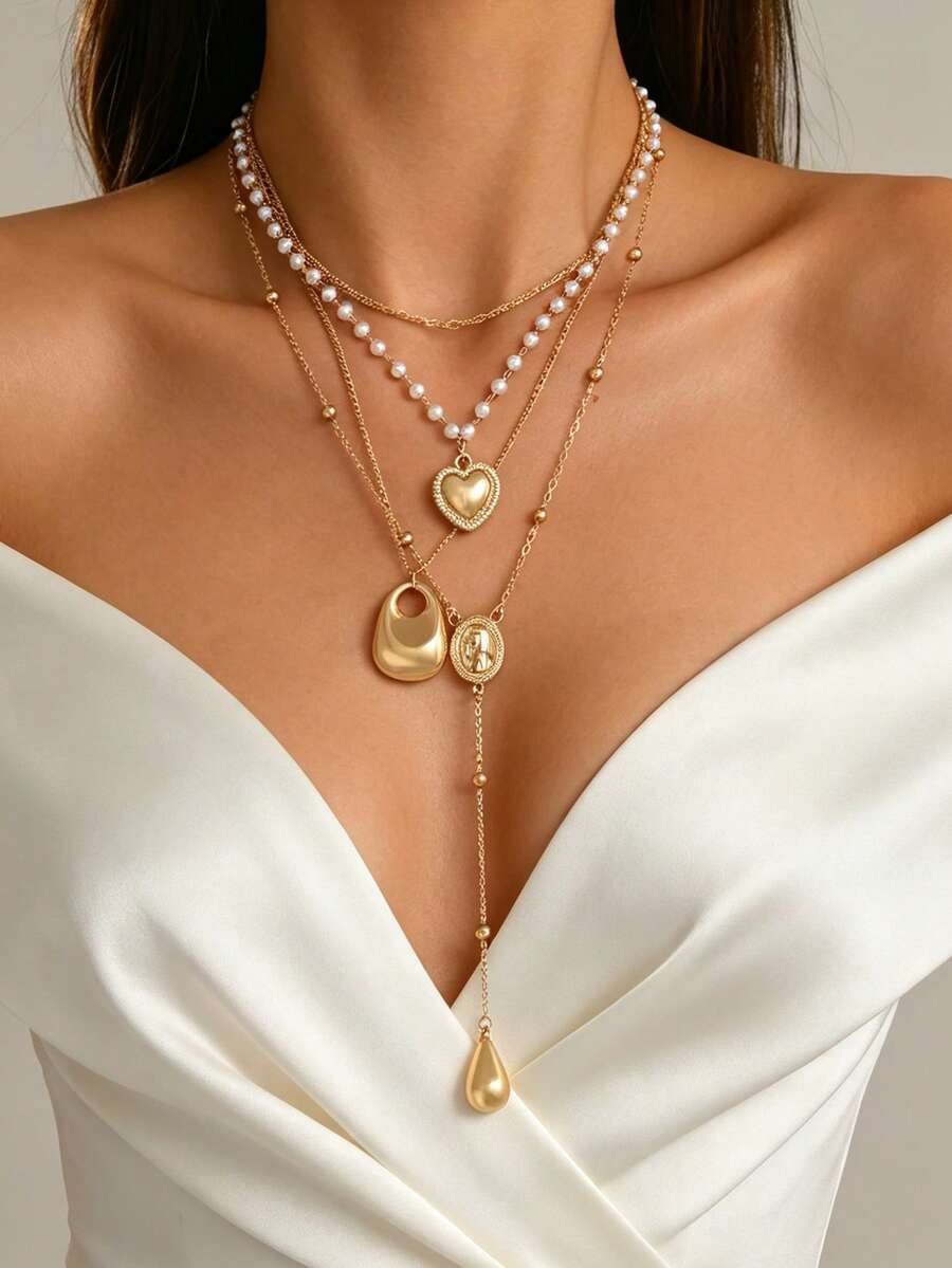 Juego de 4 piezas de collares de lujo delicados de oro con decoración de corazón, gota de agua y yuanbao, collares en capas en forma de Y para mujeres, adecuados para uso diario, citas y vacaciones, longitud de la cadena cortada por secciones con número variable de eslabones - Multicolor - Ver 1