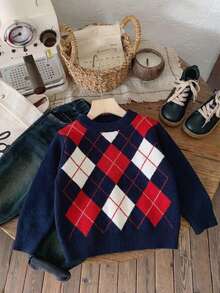 Boys' Knit Colorblock Plaid Pattern Jacquard Crew Neck Sweater Long Sleeve Pullover Autumn Winter 3 Randomly Sent 1 - Red - View 3
