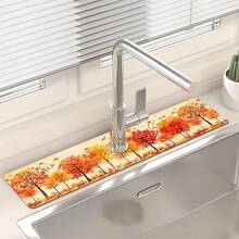 1pc Autumn Maple Leaf Pattern Rubber Faucet Splash Guard, Bathroom Faucet Splash Mat, Mud Guard, Moisture-Proof Non-Slip Faucet Pad, Kitchen Countertop Accessory. Protect Your Kitchen Countertop. - Multicolor - View 5