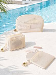 1/3pcs Large Capacity Macaron Color Mesh Makeup Bag, Fresh Style, Premium Quality, Beige Multifunctional Mesh Storage Bag; Portable Zipper Pouch/Travel Toiletry Bag, Suitable For Home Or Office, Also An Excellent Gift For Friends; Bohemian Style, Can Also Be Used As Swimming Beach Bag - Beige - View 1