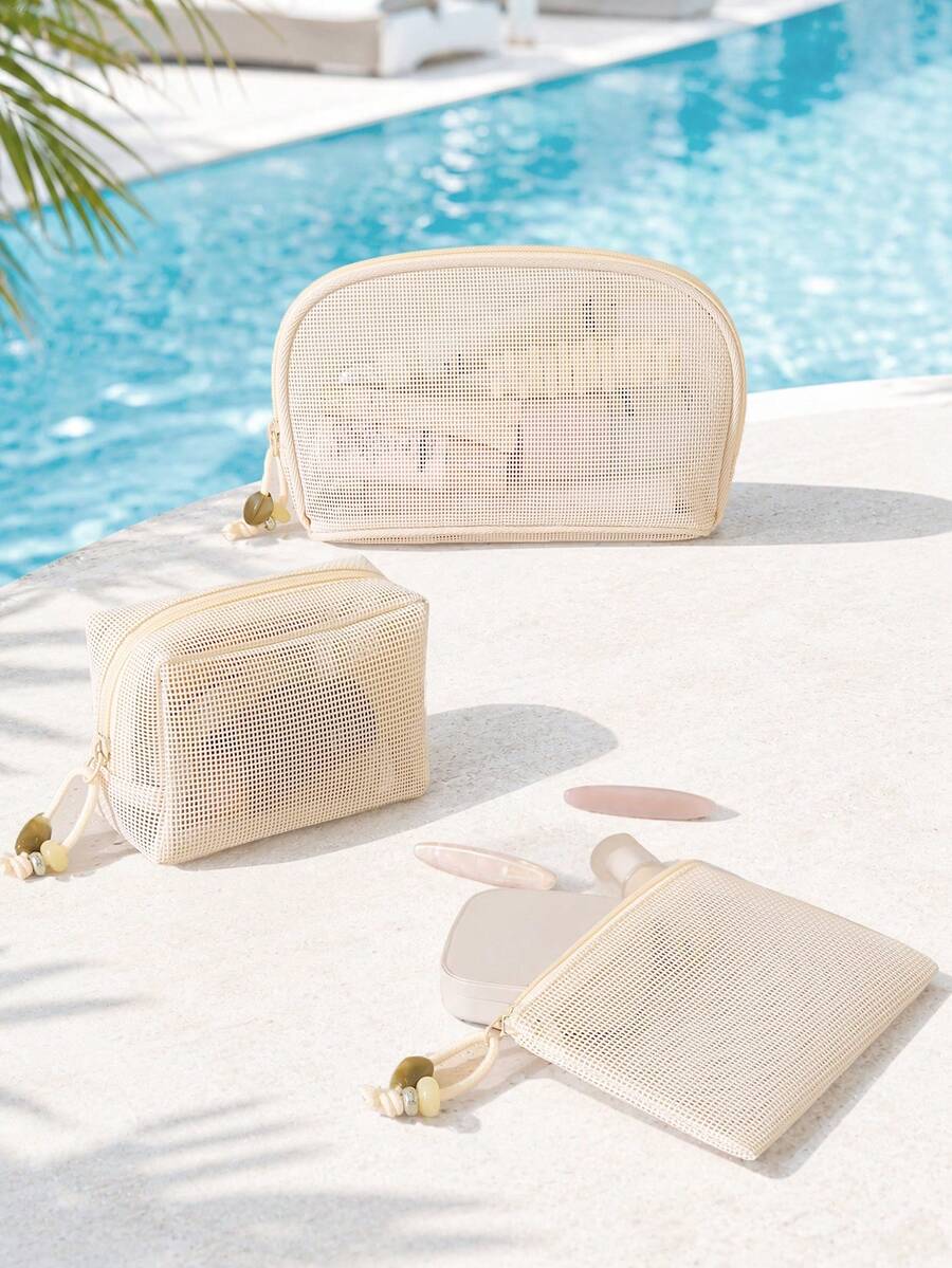 1/3pcs Large Capacity Macaron Color Mesh Makeup Bag, Fresh Style, Premium Quality, Beige Multifunctional Mesh Storage Bag; Portable Zipper Pouch/Travel Toiletry Bag, Suitable For Home Or Office, Also An Excellent Gift For Friends; Bohemian Style, Can Also Be Used As Swimming Beach Bag - Beige - View 1