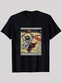 1 pieza, Camiseta 100% con Estampado de Baloncesto, Camiseta de Manga Corta con Cuello Redondo para Hombre, Primavera y Verano, Ligera y Transpirable, Top Deportivo Casual, Regalo para Vacac - Negro - Ver 1