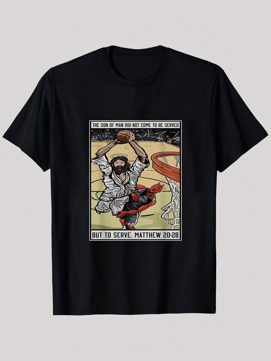 1 pieza, Camiseta 100% con Estampado de Baloncesto, Camiseta de Manga Corta con Cuello Redondo para Hombre, Primavera y Verano, Ligera y Transpirable, Top Deportivo Casual, Regalo para Vacac - Negro - Ver 1