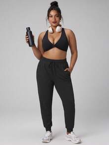 Plus Size Women's Black Deep V-Neck Front Knot Spaghetti Strap Racerback Sports Bra, Suitable For Yoga, Hiking, Daily Wear - Black - View 5