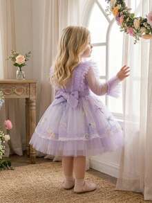 Baby Girls Long Sleeve Multi-Color Bow Tulle Cute Birthday Dress, Fabric Floral Pattern Random Cut, Headband Not Included - Mauve Purple - View 2