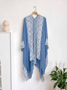 1件簡約幾何圖案刺繡開襟女款和服披肩，春夏季波希米亞風沙龍式外衣，海灘度假防曬裝飾刺繡開襟衫，適合日常穿搭，禮物首選 - 藍色 - 查看 6