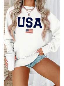 Dressmine Womens USA Shirt Casual Long Sleeve Graphic Tees Knit Crew Neck Sweatshirts Loose PulloverDaily Casual Round Neck  Sleeve-Shirt - White - View 2