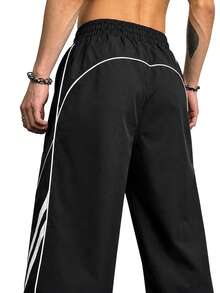 Street Retro Elastic Drawstring Casual Long Pants, Symmetrical Wave White Line Outline, Draped Wide Leg Summer Quick-Dry Woven Long Pants, Track Functional Style Men's Sports Long Pants - Black - View 4