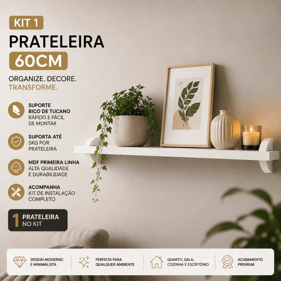 Prateleiras Flutuantes Pretas 60x15cm MDF Com Suporte Bico de Tucano - Preto - Visão 1