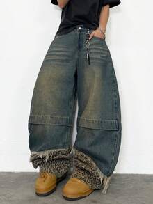 1pc Retro Patchwork Leopard Print Casual Loose Fit Wide Leg Jeans, Street Style, Versatile, All Season Pants (Belt And Accessories Not Included) - Bronze - View 8