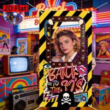 2D Party Photo Booth Decorations, Neon Theme Banner, 80s Style, Featuring Vintage Telephone, Lightning, Stereo Speaker And Pop Art Lips Design, Perfect For Retro 80s Hip Hop Banner Flag - 1 - View 1