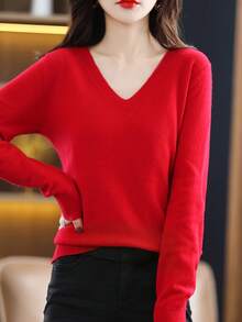 Women's Solid Color V-Neck Knitted Bottoming Shirt Autumn And Winter New Set Of Thin Sweater Thin Section Of The Fashion Inner Tie - 紅色 - 查看 2