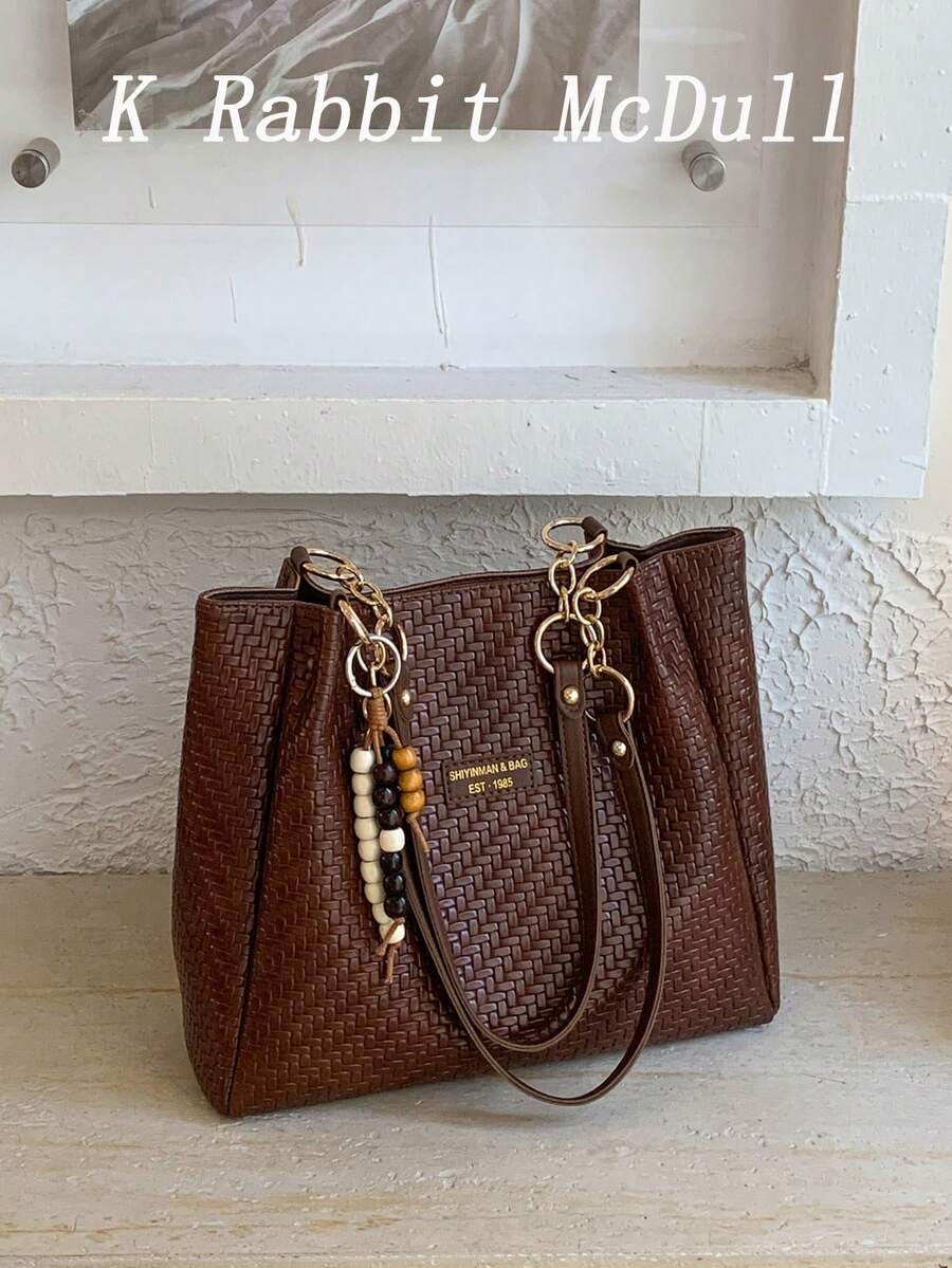 New Vintage-Style Chain-Detail Woven-Textured PU Shoulder Tote With Charms-Women's Large-Capacity Commuter Bag And Handbag
