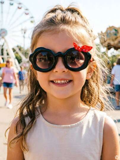 1 pieza Gafas de moda con marco de onda para niñas de 5-9 años, lazo de lunares, unicolor, marco ligero de material PC para vacaciones y salidas con caja de gafas