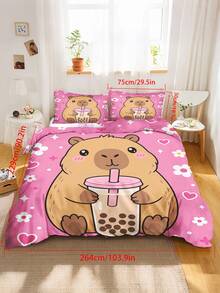 2/3PCS Capybara Bubble Tea Duvet Cover Set, Cute Cartoon Animal Bedding, Pink Heart Floral Print Bed Set For Girls - Multicolor - View 15