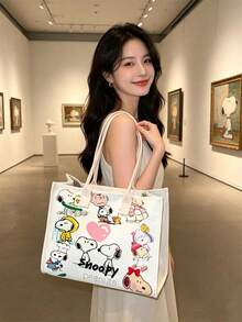1pc Large Capacity Snoopy Color Block Canvas Tote Bag, Casual Style, Durable Shoulder Strap And Sturdy Fabric, Foldable Lightweight Handbag Suitable For Women, Perfect For School, Work, Gym, Beach And Other Occasions - Rectangle - View 5