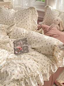 Pink Ruffle Lace Duvet Cover 4-Piece Set, Soft And Comfortable Bedroom Bedding, No Filling, Botanical Print, Breathable And Soft All-Season Bedding Set Including 1 Duvet Cover, 1 Bed Sheet, 2 Pillowcases, Suitable For Bedroom, Dorm, Home Use, Multiple Size Options - Pink - View 2