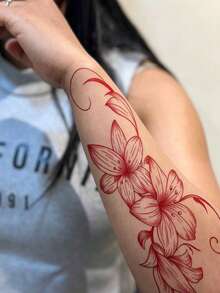 2pcs Lily Temporary Tattoo Sticker Set, Black & Gray And Red Gradient Sketch Floral Vine Body Tattoos, Waterproof Long-Lasting Large Size Arm & Shoulder Tattoos, Suitable For Women, Holiday, Halloween Party, Cosplay - Multicolor - View 4