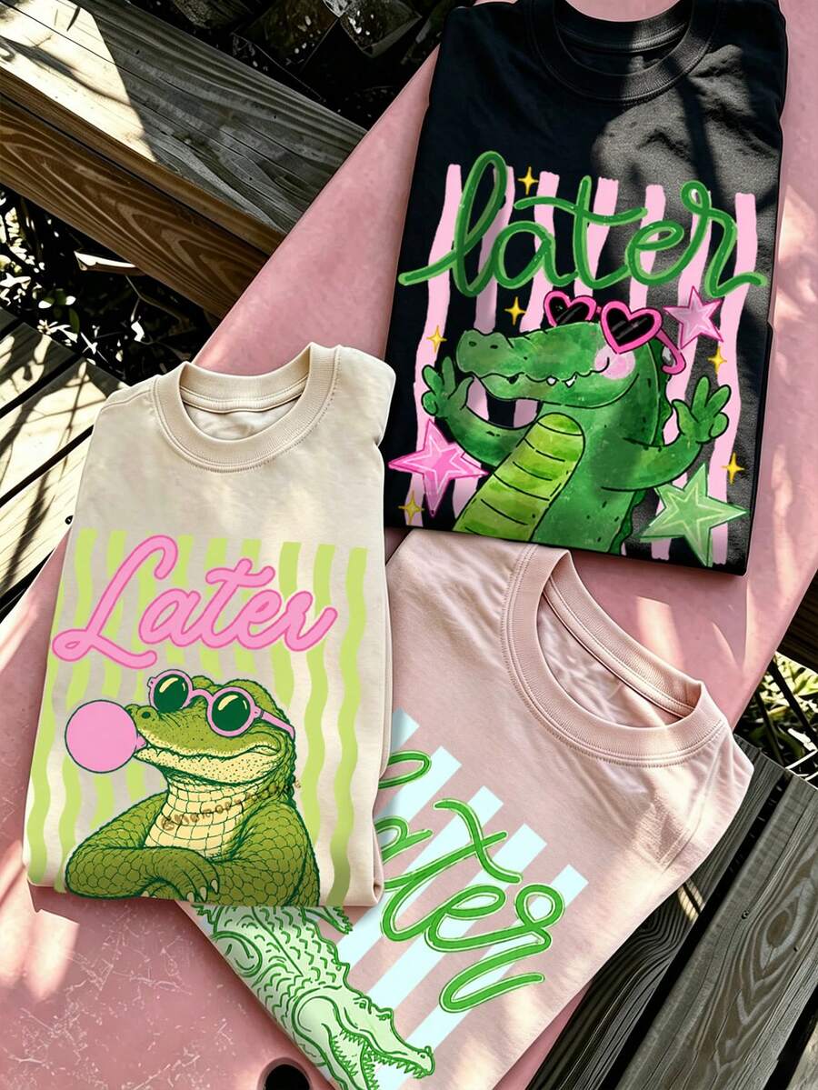 3 Packs Cute Later Crocodile Graphic Long Sleeve T-Shirt, Cartoon Alligator Striped Print Crew Neck Casual Fall Tees - Multicolor - View 1