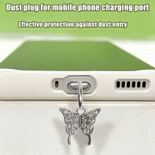 White K Alloy Full Rhinestone Butterfly Phone Dust Plug Apple/Android Charging Port Earphone Hole Pendant Universal - Multicolor - View 1