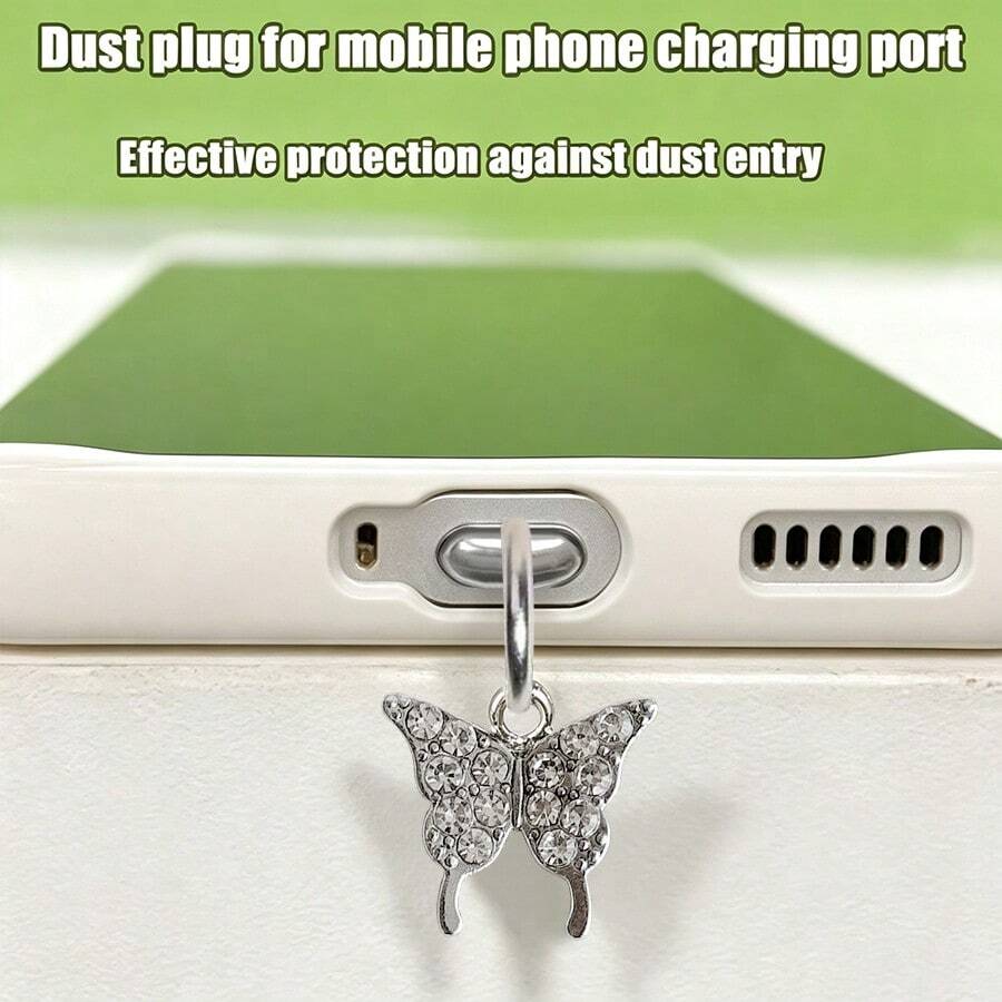 White K Alloy Full Rhinestone Butterfly Phone Dust Plug Apple/Android Charging Port Earphone Hole Pendant Universal - Multicolor - View 1