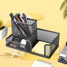 Desktop Storage Basket, 3-Compartment Pen Holder, Multi-Functional Metal Mesh, Office Stationery, Black 3-Tier Divided Organizer Box And Pen Holder, Space-Saving, Can Be Used As Desktop Display Rack, Suitable For Living Room, Office And Study - Rectangle - View 7