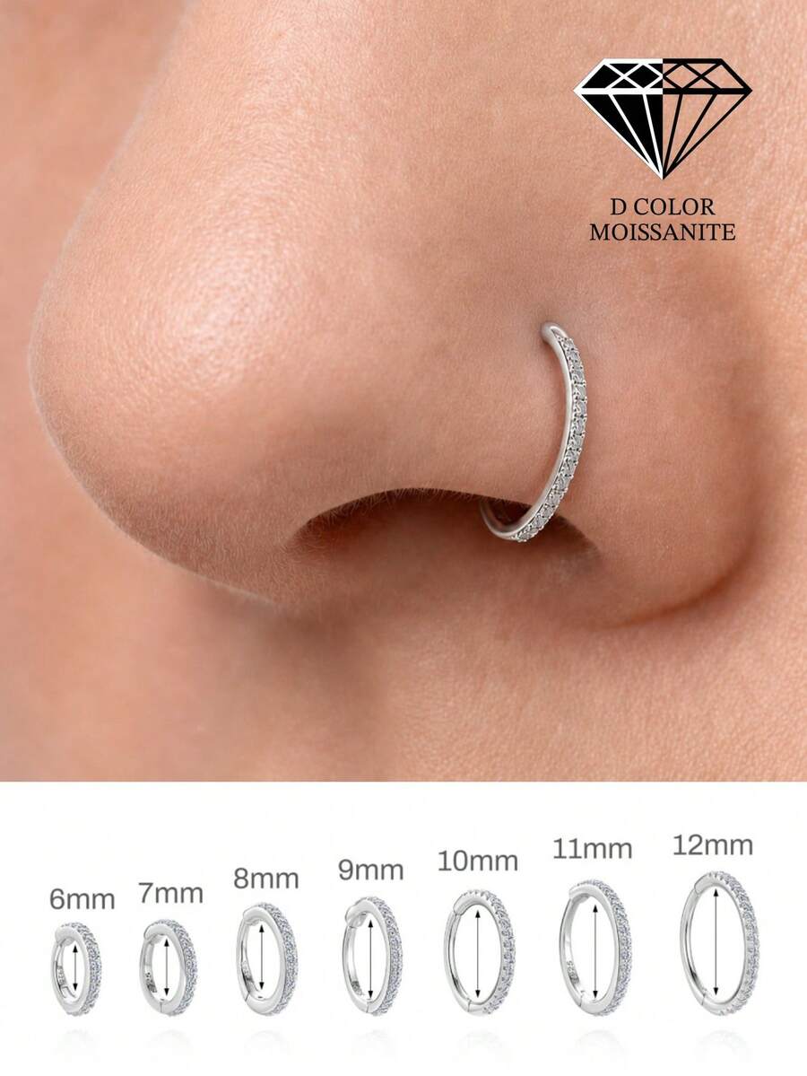 1Pc 925 Sterling Silver Moissanite Nose Rings Hypoallergenic Nostril Septum Cartilage Piercing Jewelry For Women Men Daily Wedding Bridal Wear &Gifts - Silver - View 1
