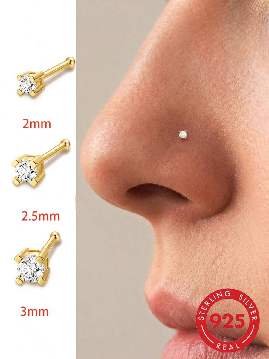 1件 2mm-3mm 925純銀直型L型鼻釘環 女款男款穿刺針身體飾品 低過敏性唇釘式耳環 推入式 - 金色 - 查看 1