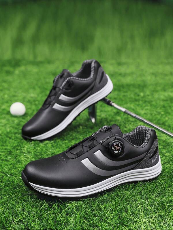 Men's New Black & Silver Contrast Rotating Buckle Golf Shoes, Letter Decor, Slip-On, All-Season, Versatile Fashion Sports Shoes, Comfortable Training Shoes