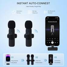 Paquete de 2 Micrófonos Inalámbricos de Solapa - Micrófono Lavalier con Reducción de Ruido - Plug and Play para iPhone, iPad y Android - para Podcast - 1 - Ver 2
