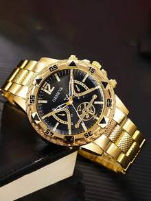 5pcs Gold Hip Hop New Men's Watch & Jewelry Set, Cross, Embossed Wallet, Suitable For Daily Wear, Holiday Gift, For Father - Gold - View 6