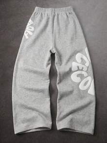 1pc Tween Boys Casual Outdoor Fashion Versatile Foam Letter Print Design Loose Comfortable Sports Long Pants Spring Autumn - Grey - View 2