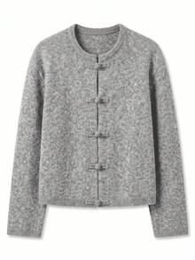 Women's Chinese Style Round Neck Single-Breasted Button-Up Long Sleeve Minimalist Commuter Loose Basic Solid Color Thick Warm Cardigan Sweater, Versatile For Autumn/Winter - Grey - View 7