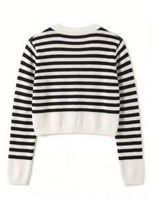 Women's Cardigan Sweater, Round Neck, Single-Breasted Button Closure, Long Sleeve, All-Match Style, Daily Commute, Versatile, Contrast Color Striped, Short Length, Wear Alone Or Layer, Knit Top, Spring Autumn Winter - Apricot - View 9