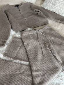 2 Pieces Knit Set With Zipper Cardigan And Drapey Wide Leg Pants - Gray Card - View 7