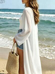 Boho Style Black Chiffon Long Sleeve Belted Outer Wear, Paired With Flowing Cape - Lightweight, Non-Stretch Fabric Fall White - White - View 5