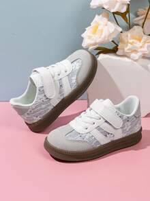 1 Paar Mädchen Trainingsschuhe mit Blumenmuster, Spitze und Pailletten, Klettverschluss, vielseitiger neuer Stil, atmungsaktive Freizeitschuhe für Kinder für Schule, Park, Einkaufen - Weiss - Übersicht 2