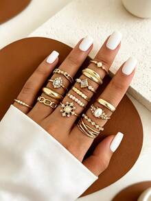 Juego de 15 anillos apilables para mujer con perlas falsas vintage y strass, banda geométrica lisa dorada, cristal cuadrado y cadena de perlas - Dorado - Ver 1